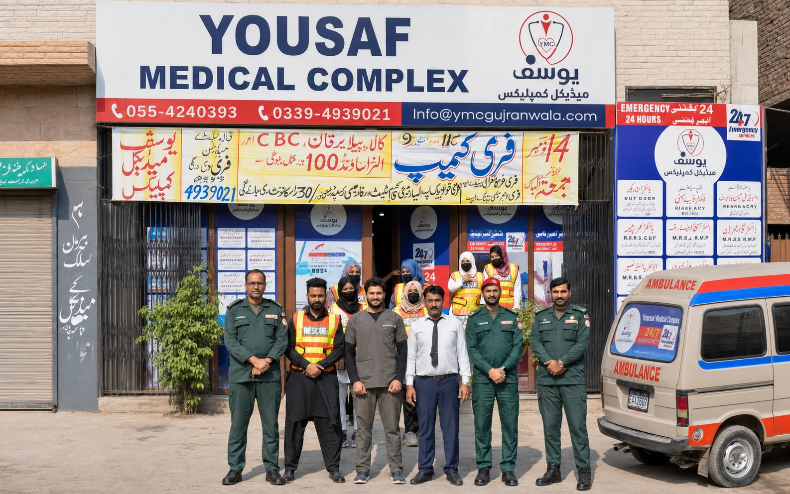 Exterior of Yousaf Medical Complex with its emergency ambulance
